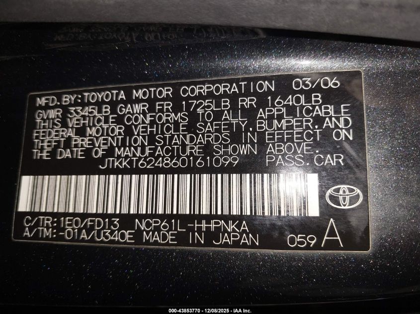 2006 Scion Xa VIN: JTKKT624860161099 Lot: 43853770