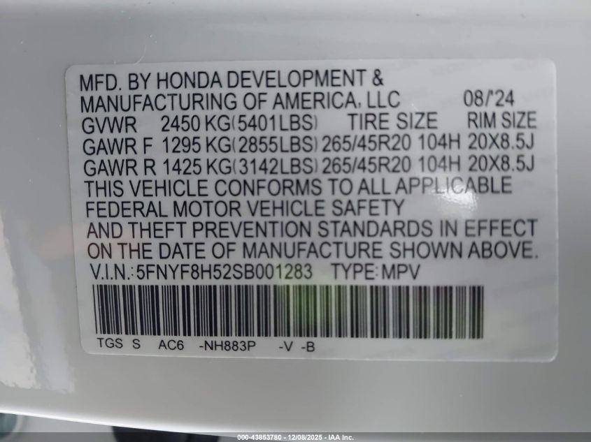2025 Honda Passport Awd Ex-L VIN: 5FNYF8H52SB001283 Lot: 43853780