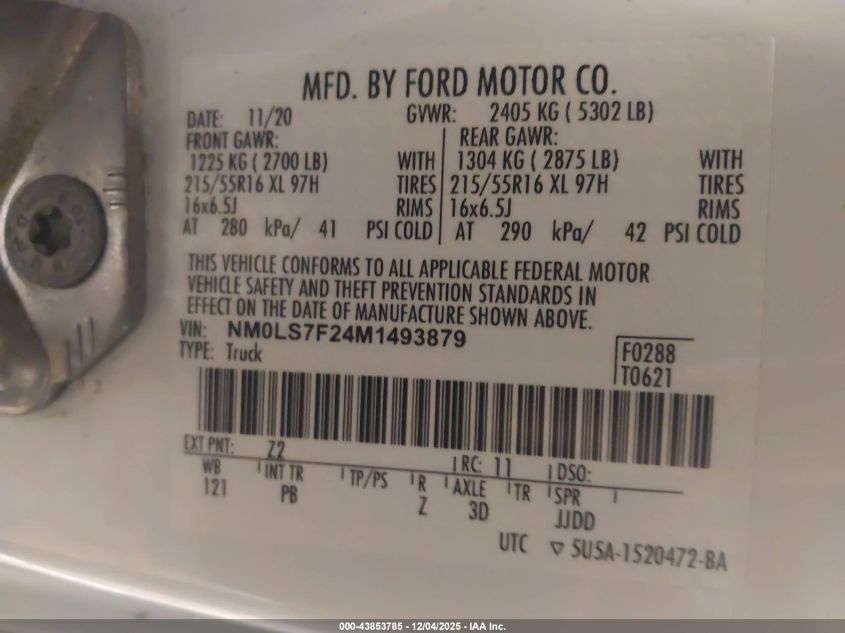 2021 Ford Transit Connect Xlt VIN: NM0LS7F24M1493879 Lot: 43853785