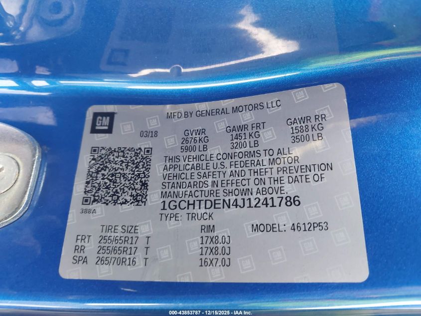 2018 Chevrolet Colorado Z71 VIN: 1GCHTDEN4J1241786 Lot: 43853787