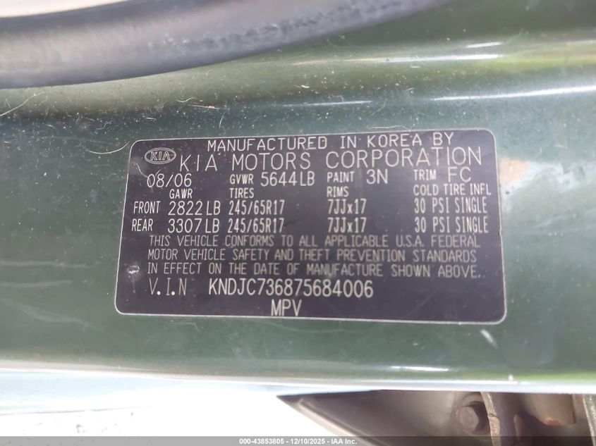 2007 Kia Sorento Lx VIN: KNDJC736875684006 Lot: 43853805