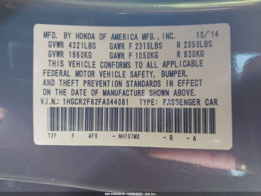 2015 Honda Accord Ex-L VIN: 1HGCR2F82FA044081 Lot: 43853819