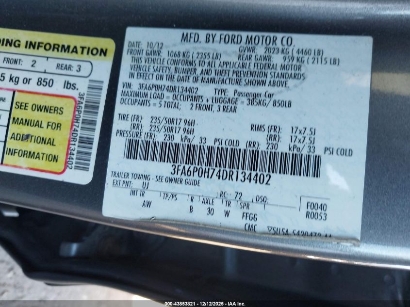 2013 Ford Fusion Se VIN: 3FA6P0H74DR134402 Lot: 43853821