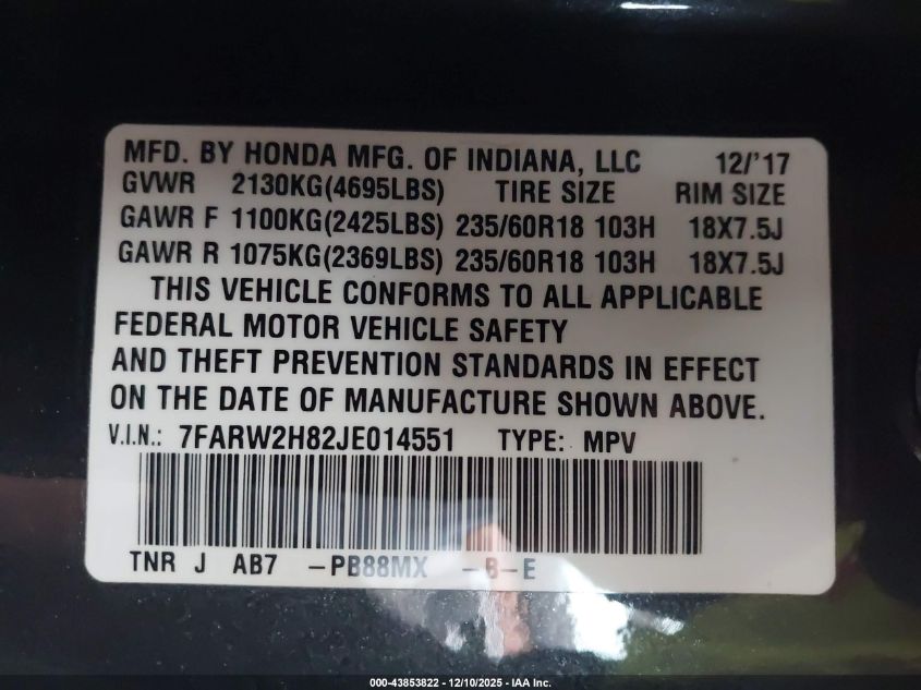 2018 Honda Cr-V Ex-L/Ex-L Navi VIN: 7FARW2H82JE014551 Lot: 43853822