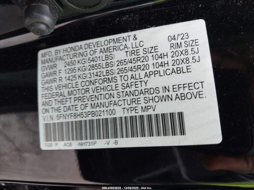 2023 Honda Passport Awd Ex-L VIN: 5FNYF8H53PB021100 Lot: 43853826
