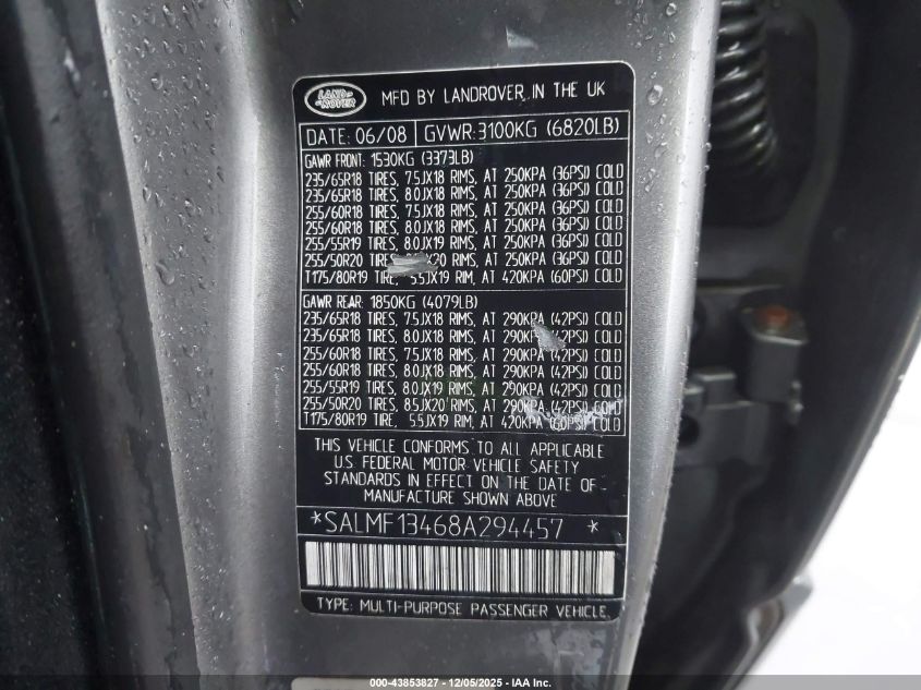 2008 Land Rover Range Rover Supercharged VIN: SALMF13468A294457 Lot: 43853827
