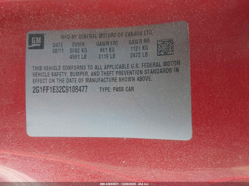 2012 Chevrolet Camaro 1Lt VIN: 2G1FF1E32C9108477 Lot: 43853831