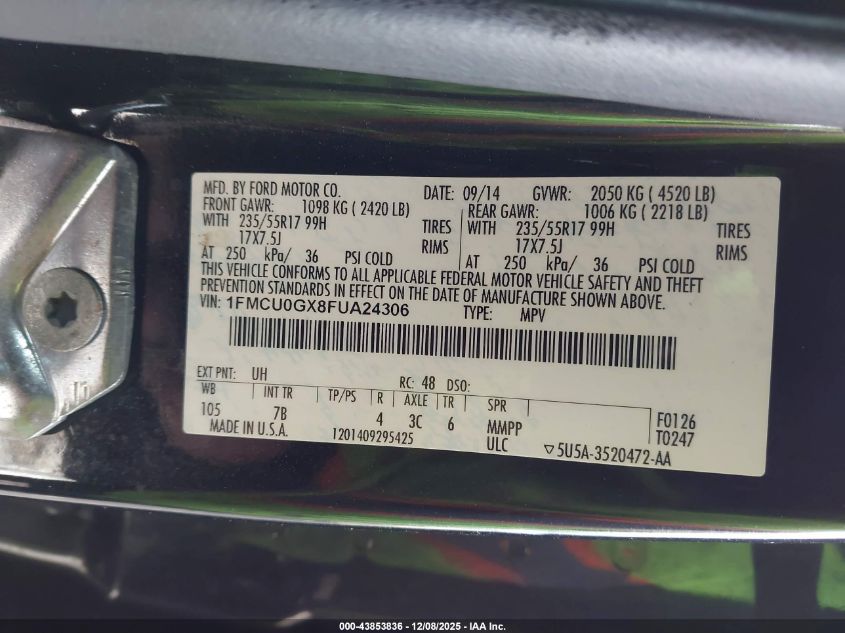 2015 Ford Escape Se VIN: 1FMCU0GX8FUA24306 Lot: 43853836