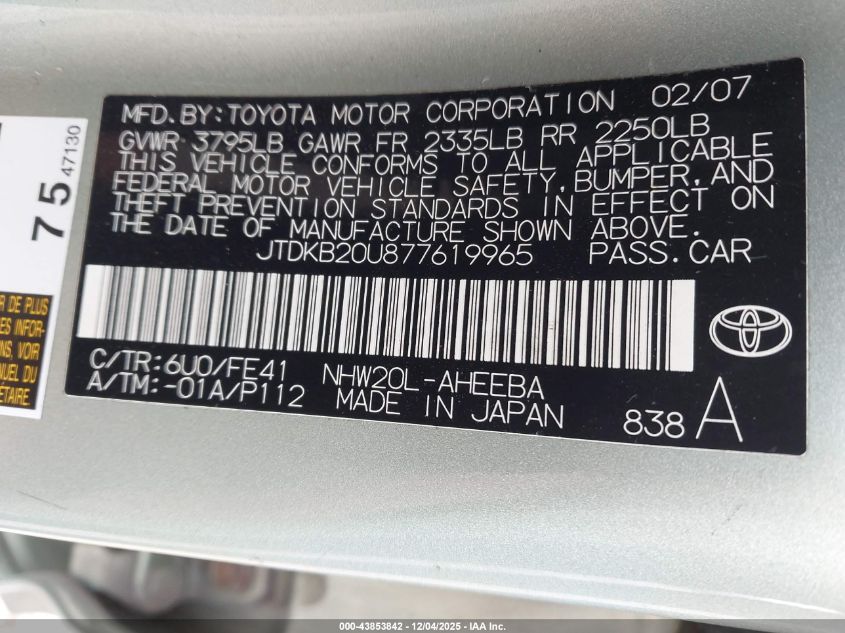 2007 Toyota Prius VIN: JTDKB20U877619965 Lot: 43853842