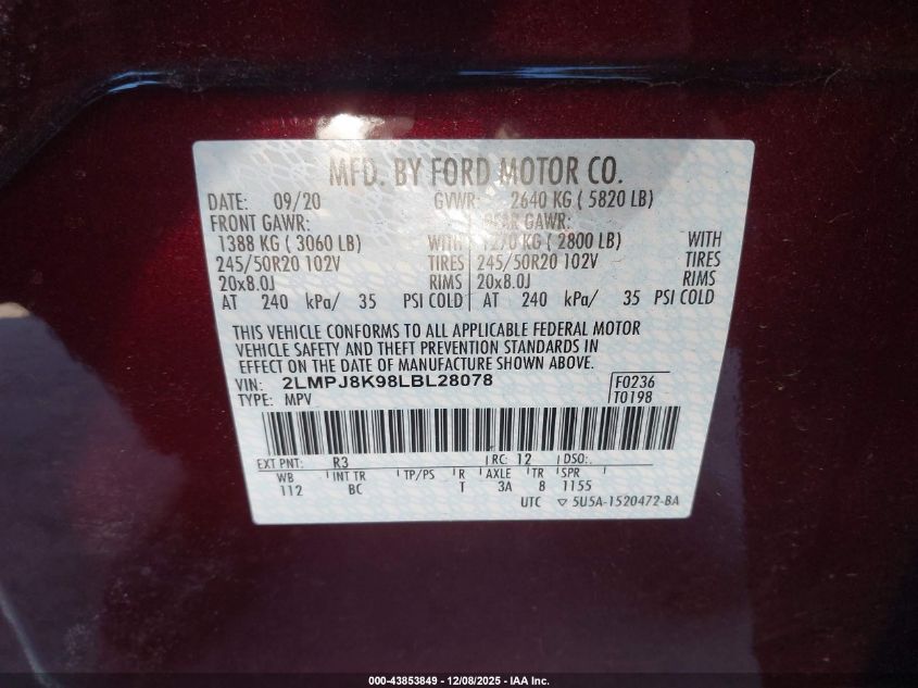 2020 Lincoln Nautilus Reserve VIN: 2LMPJ8K98LBL28078 Lot: 43853849