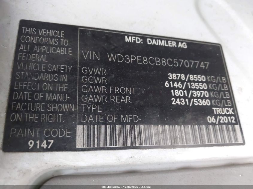 2012 Mercedes-Benz Sprinter 2500 High Roof VIN: WD3PE8CB8C5707747 Lot: 43853857