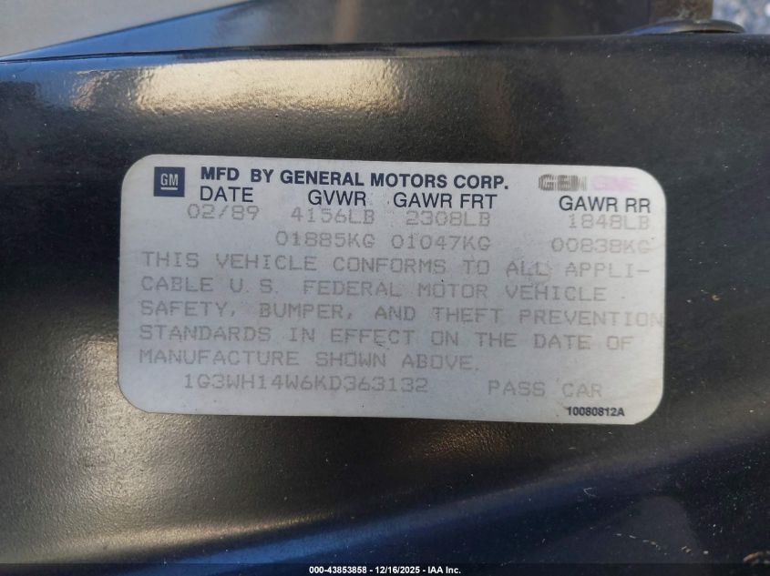 1989 Oldsmobile Cutlass Supreme VIN: 1G3WH14W6KD363132 Lot: 43853858