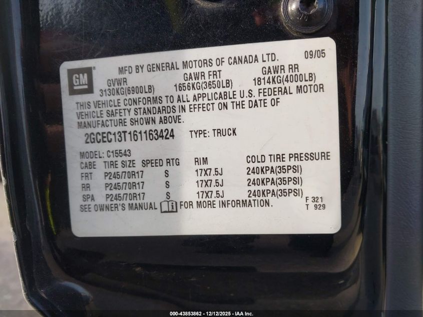 2006 Chevrolet Silverado 1500 Lt1 VIN: 2GCEC13T161163424 Lot: 43853862