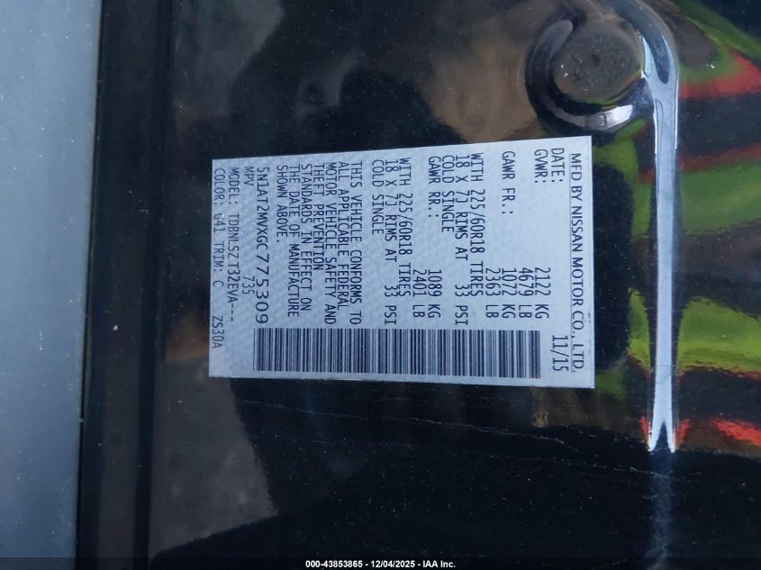 2016 Nissan Rogue Sl VIN: 5N1AT2MVXGC775309 Lot: 43853865