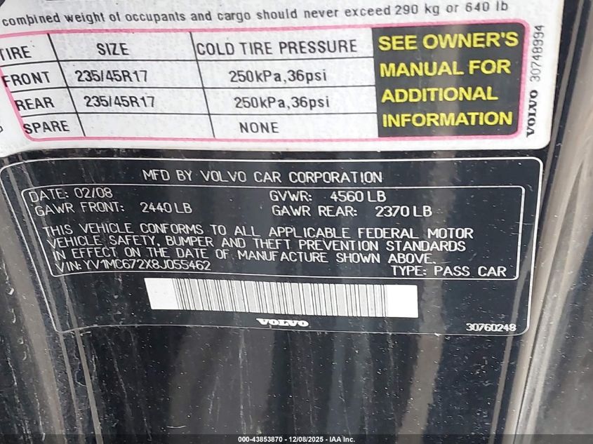 2008 Volvo C70 T5/T5 M VIN: YV1MC672X8J055462 Lot: 43853870