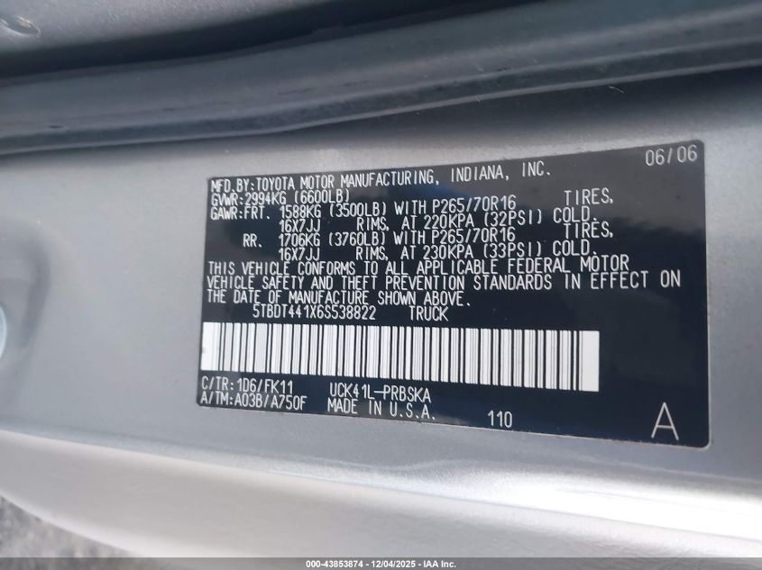 2006 Toyota Tundra Sr5 V8 VIN: 5TBDT441X6S538822 Lot: 43853874