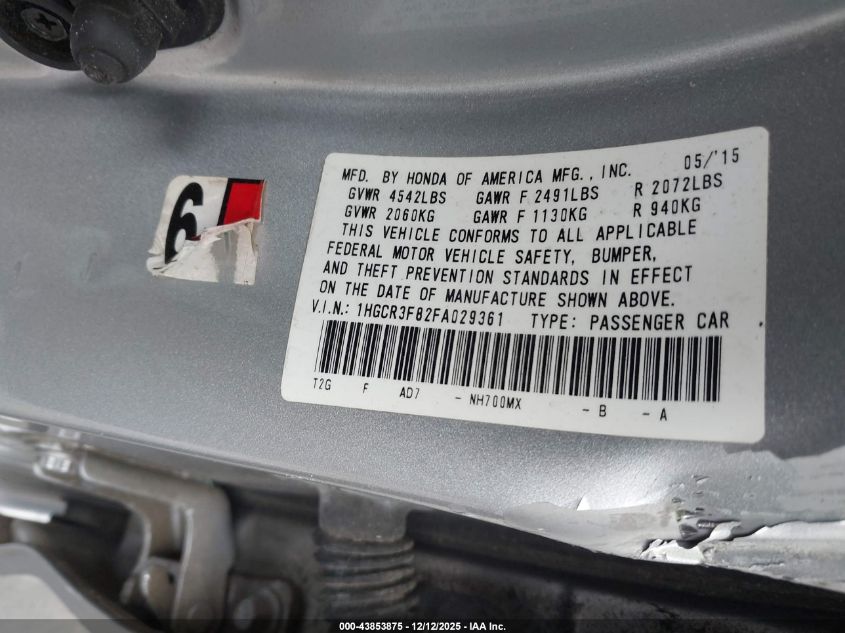 2015 Honda Accord Ex-L V-6 VIN: 1HGCR3F82FA029361 Lot: 43853875