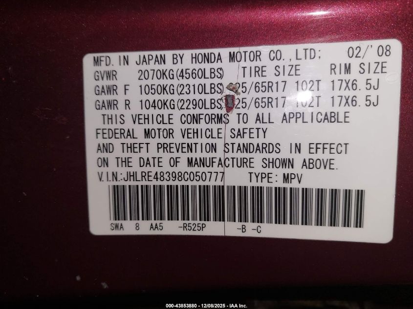 2008 Honda Cr-V Lx VIN: JHLRE48398C050777 Lot: 43853880