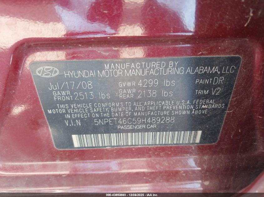 2009 Hyundai Sonata Gls VIN: 5NPET46C59H489288 Lot: 43853883