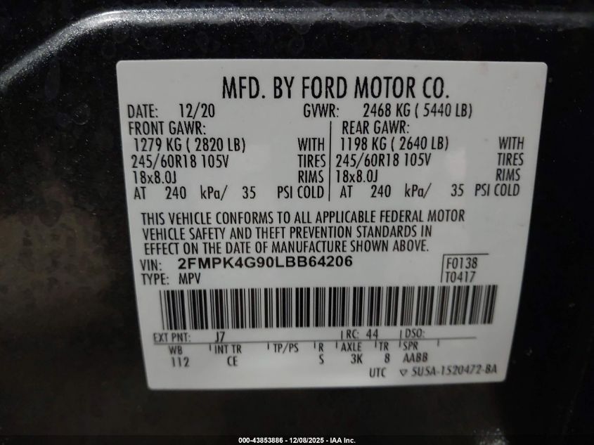 2020 Ford Edge Se VIN: 2FMPK4G90LBB64206 Lot: 43853886