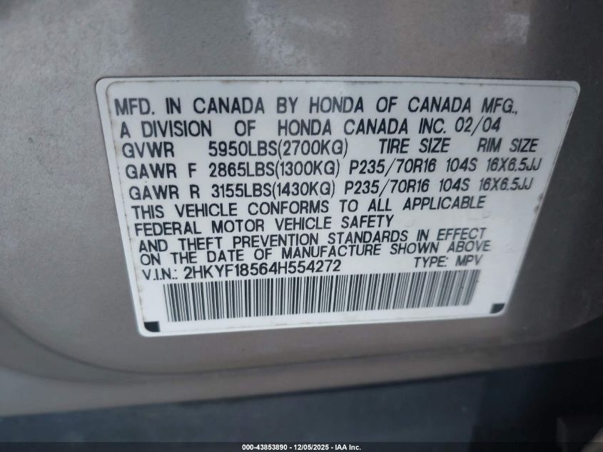 2004 Honda Pilot Ex-L VIN: 2HKYF18564H554272 Lot: 43853890