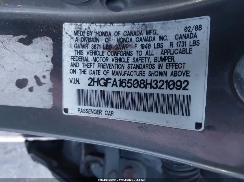 2008 Honda Civic Lx VIN: 2HGFA16508H321092 Lot: 43853895