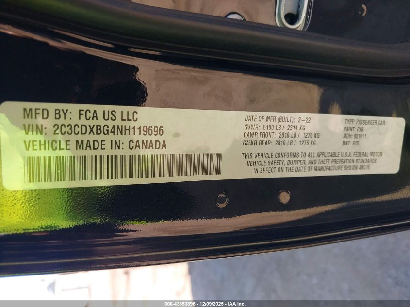 2022 Dodge Charger Sxt Rwd VIN: 2C3CDXBG4NH119696 Lot: 43853896