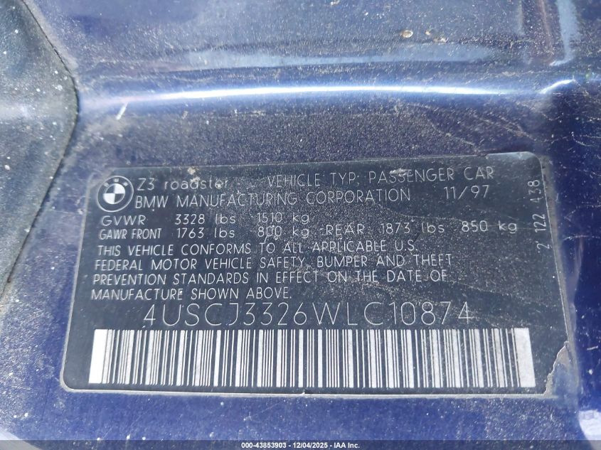 1996 BMW Z4 3.0 (U.s.) VIN: AUSC13326WLC10874 Lot: 43853903