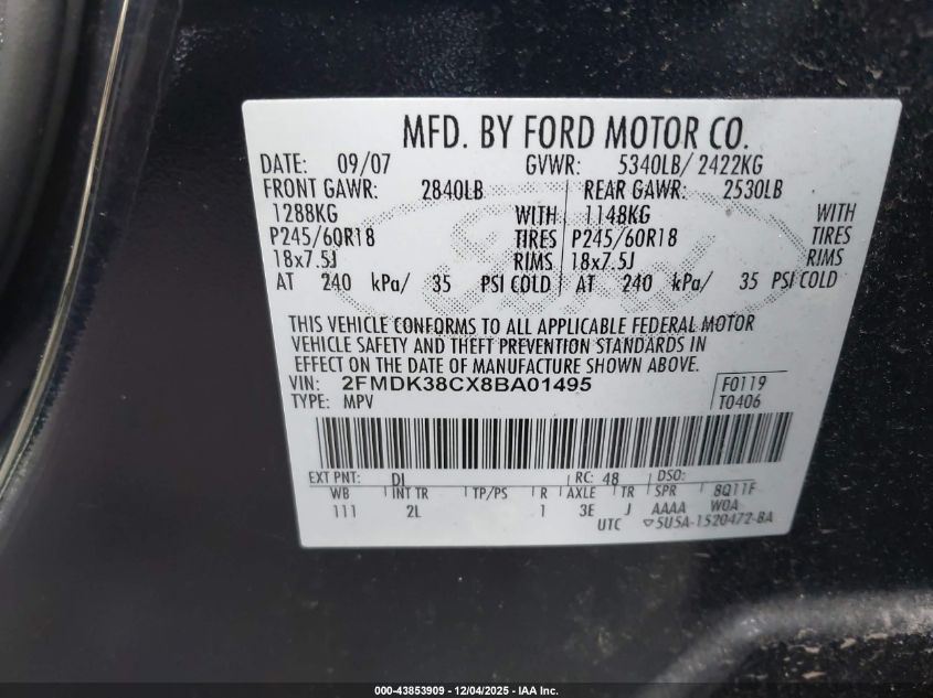 2008 Ford Edge Sel VIN: 2FMDK38CX8BA01495 Lot: 43853909