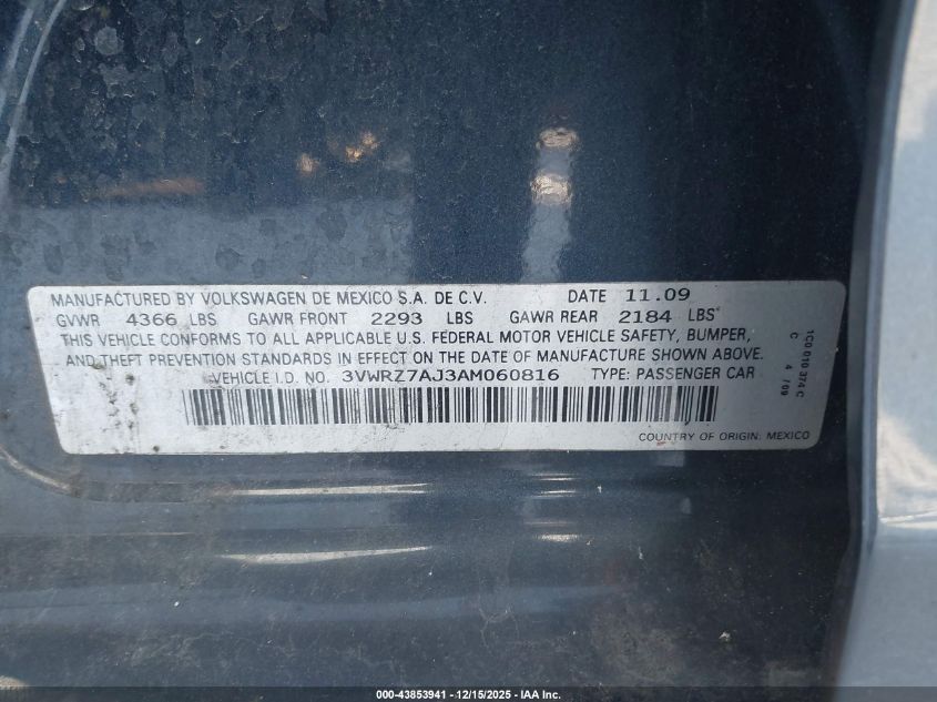 2010 Volkswagen Jetta Se VIN: 3VWRZ7AJ3AM060816 Lot: 43853941