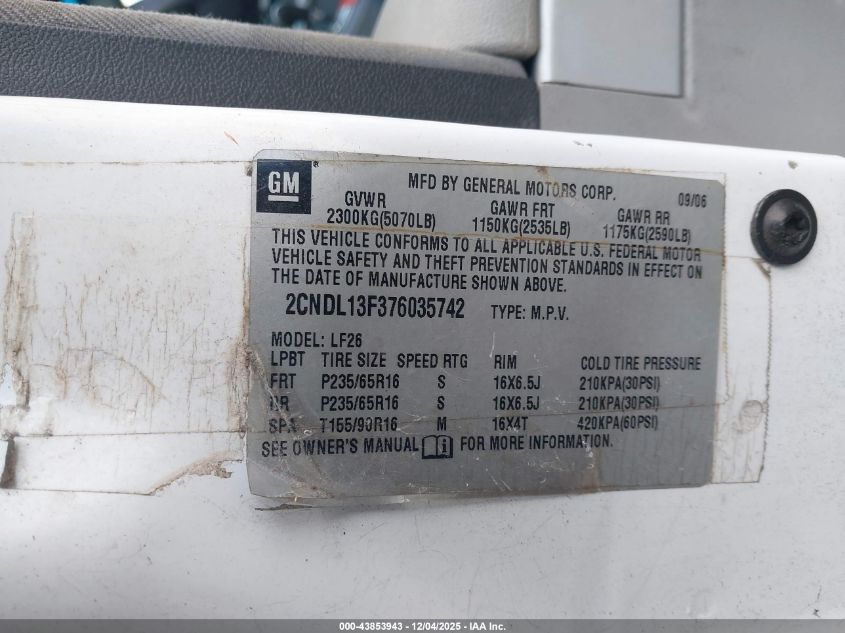 2007 Chevrolet Equinox Ls VIN: 2CNDL13F376035742 Lot: 43853943