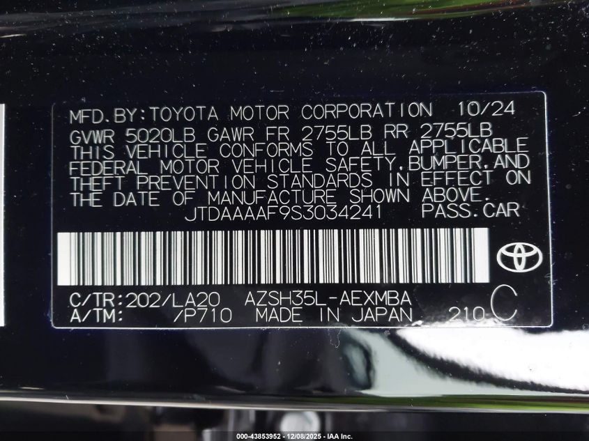 2025 Toyota Crown Xle VIN: JTDAAAAF9S3034241 Lot: 43853952