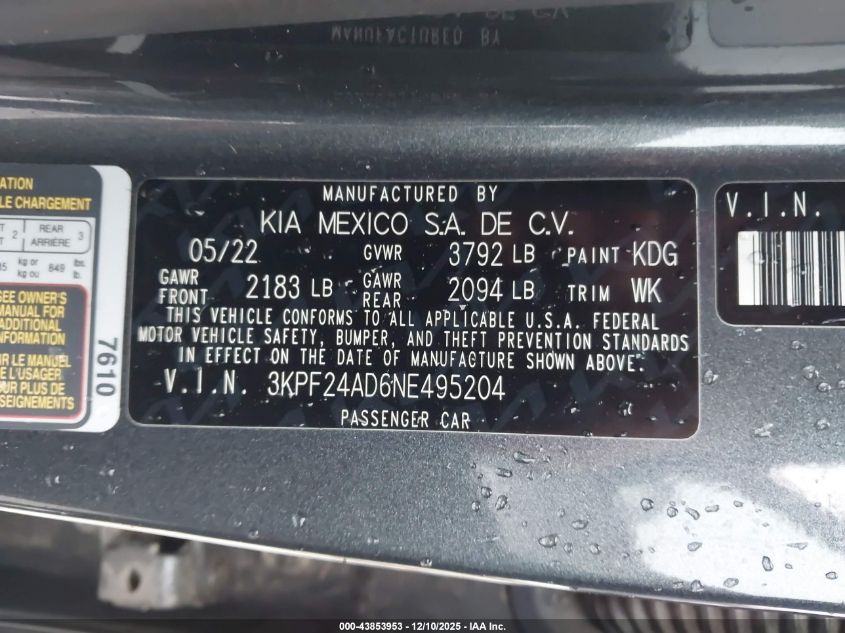 2022 Kia Forte Lxs VIN: 3KPF24AD6NE495204 Lot: 43853953