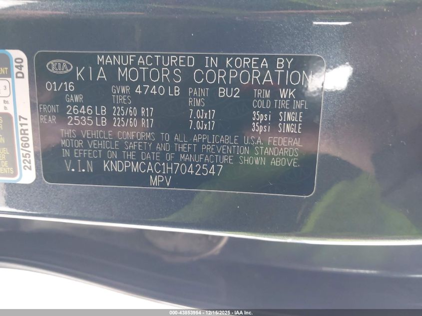 2017 Kia Sportage Lx VIN: KNDPMCAC1H7042547 Lot: 43853954