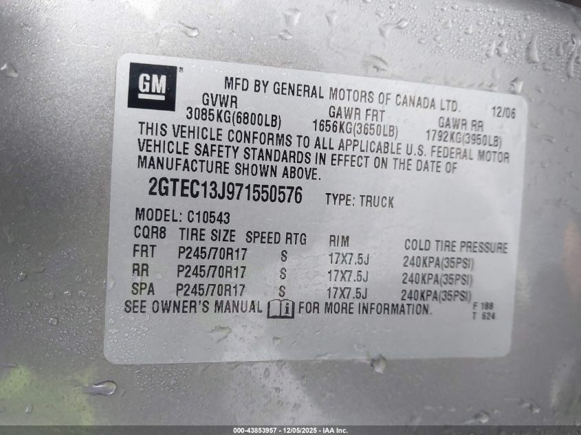 2007 GMC Sierra 1500 Sle1 VIN: 2GTEC13J971550576 Lot: 43853957