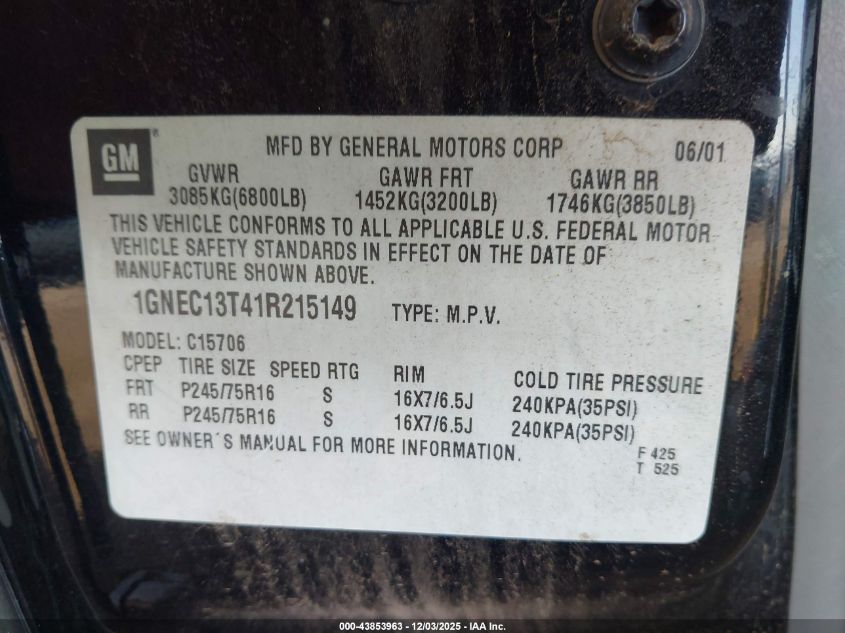 2001 Chevrolet Tahoe Ls VIN: 1GNEC13T41R215149 Lot: 43853963