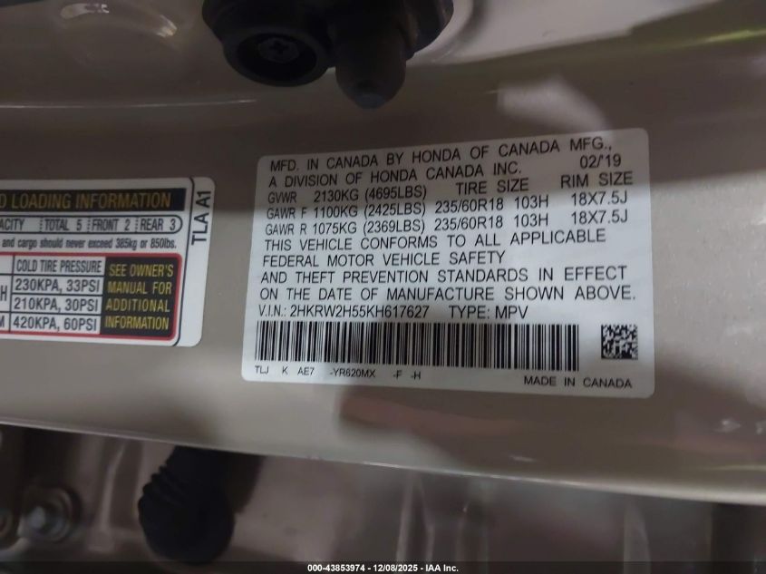2019 Honda Cr-V Ex VIN: 2HKRW2H55KH617627 Lot: 43853974