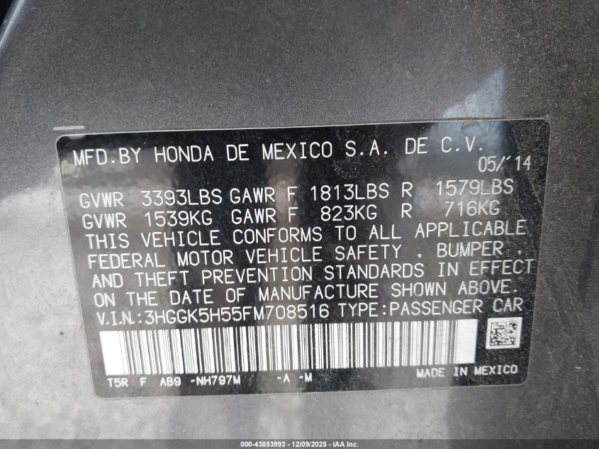 2015 Honda Fit Lx VIN: 3HGGK5H55FM708516 Lot: 43853993