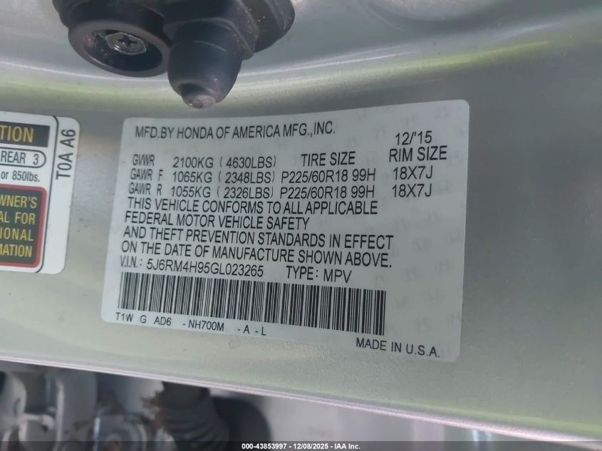 2016 Honda Cr-V Touring VIN: 5J6RM4H95GL023265 Lot: 43853997