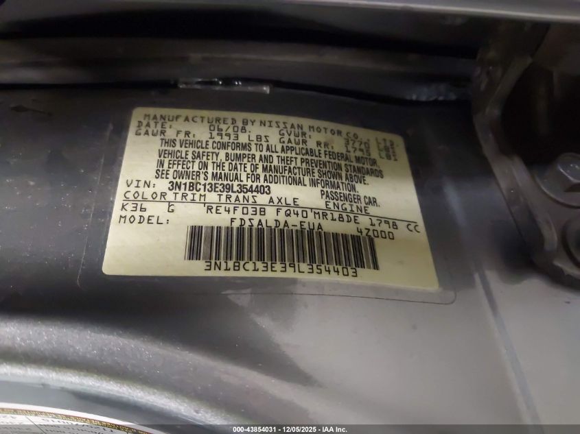 2009 Nissan Versa 1.8S VIN: 3N1BC13E39L354403 Lot: 43854031