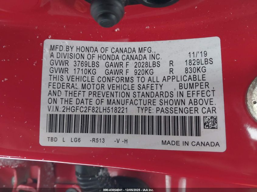 2020 Honda Civic Sport VIN: 2HGFC2F82LH518221 Lot: 43854041