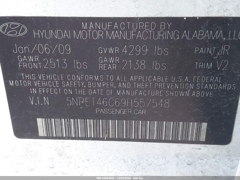 2009 Hyundai Sonata Gls VIN: 5NPET46C69H557548 Lot: 43854053