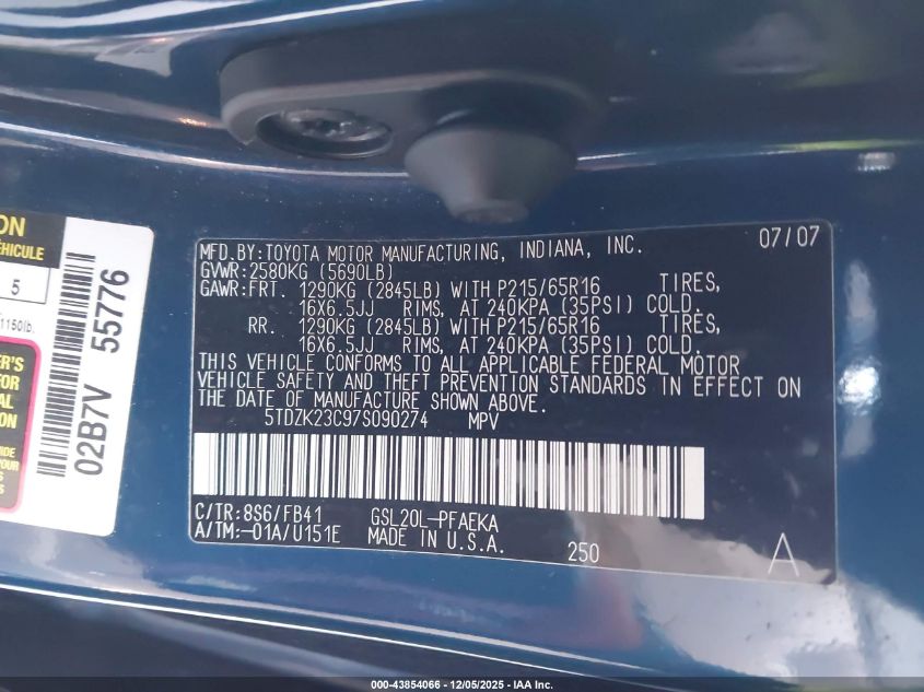 2007 Toyota Sienna Ce VIN: 5TDZK23C97S090274 Lot: 43854066