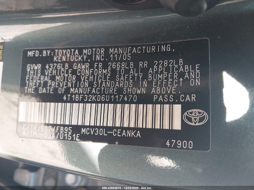 2006 Toyota Camry Le V6 VIN: 4T1BF32K06U117470 Lot: 43854078