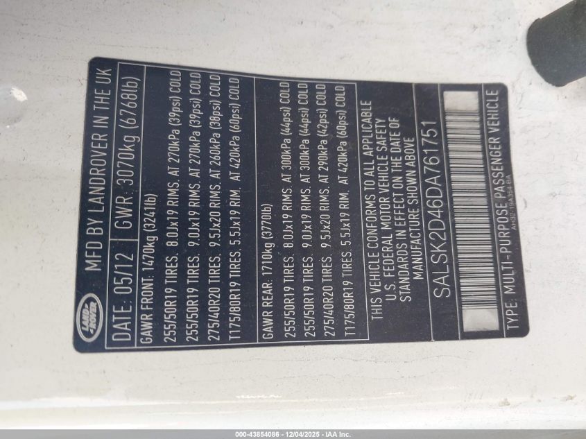 2013 Land Rover Range Rover Sport Hse VIN: SALSK2D46DA761751 Lot: 43854086