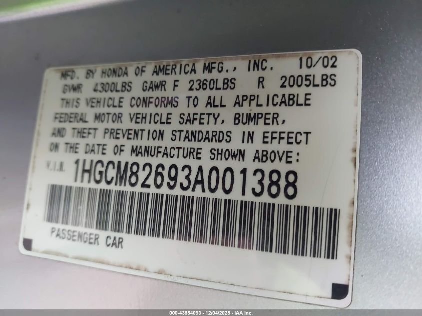 2003 Honda Accord 3.0 Ex VIN: 1HGCM82693A001388 Lot: 43854093
