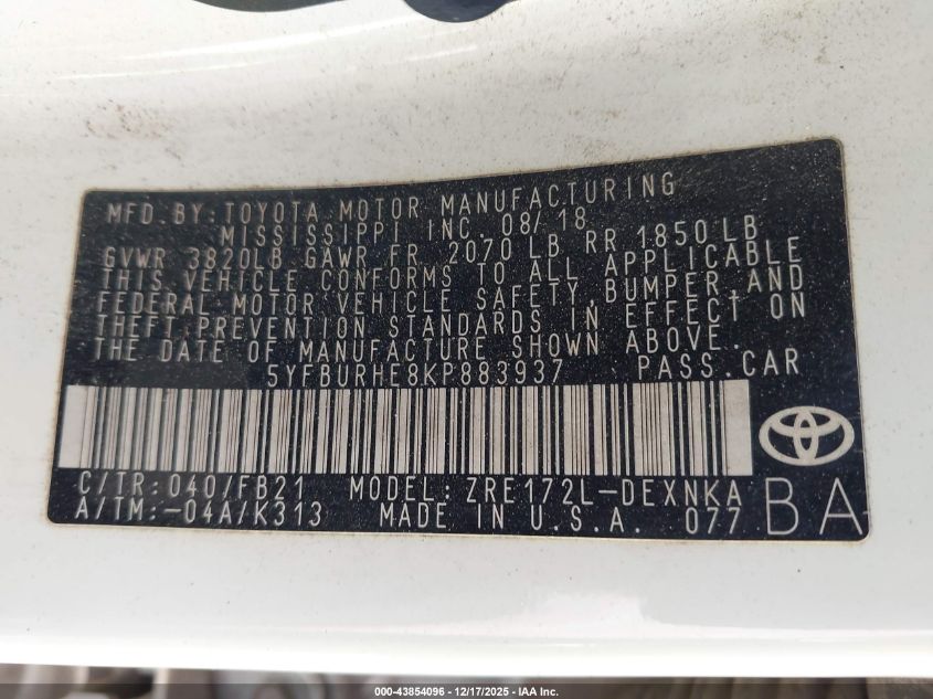 2019 Toyota Corolla Le VIN: 5YFBURHE8KP883937 Lot: 43854096