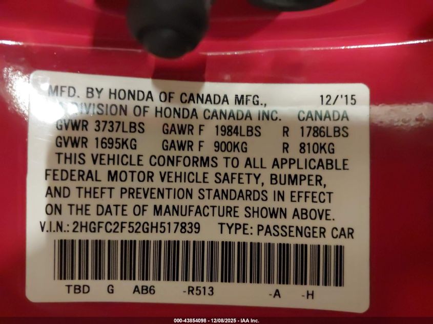 2016 Honda Civic Lx VIN: 2HGFC2F52GH517839 Lot: 43854098