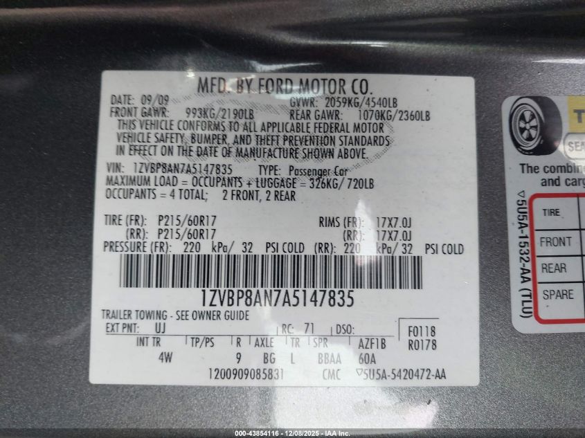 2010 Ford Mustang V6/V6 Premium VIN: 1ZVBP8AN7A5147835 Lot: 43854116