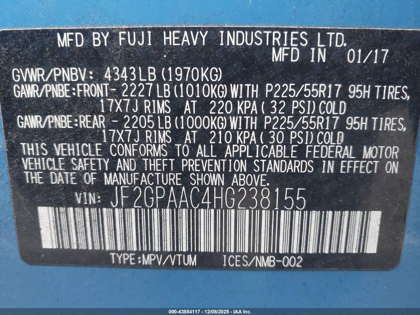 2017 Subaru Crosstrek 2.0I VIN: JF2GPAAC4HG238155 Lot: 43854117